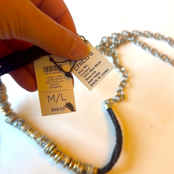 NWT Chico's Lainy Luxe Black and Silver-tone  Chain Slouch Belt size M/L - Picture 3 of 4